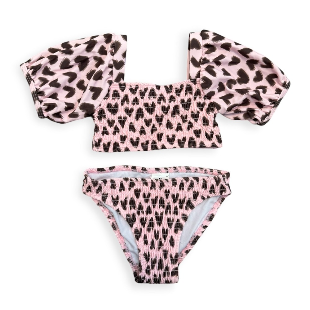 Snapper Rock Girls Pink Heart Smocked Puff Sleeve Bikini Set Size 5-6 Years